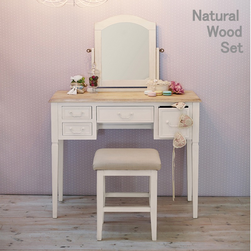 天然木 アンティーク調 ドレッサー + スツールセット 引き出し4杯 シャビーテイスト くすみカラー