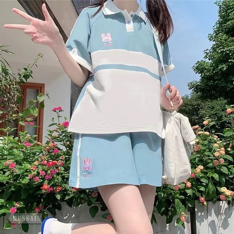 スポーティー ストリート ゆるかわ ヘンリーネック上下2点セット ハーフパンツ カジュアル ビッグパステル夢かわオーバーサイズ型系 うさちゃん パステルカラー ピンク トラックウェアポロシャツ
