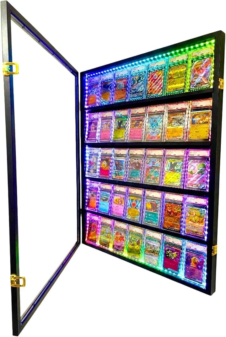PSA トレカ ディスプレイケース トレーディングカード 壁掛け コレクションケース 収納 棚 (ブラック, タテ 35枚 LED)