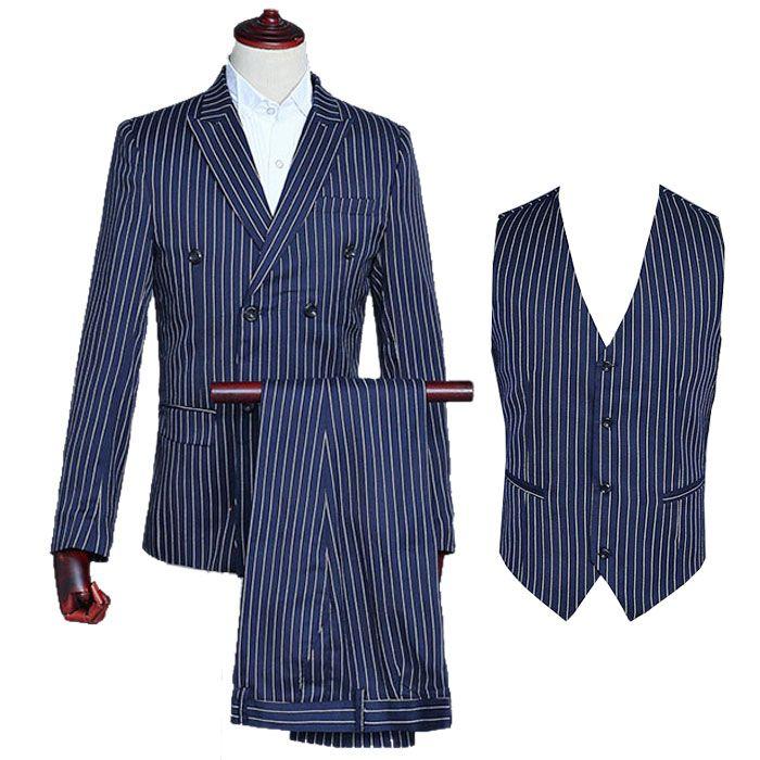 スーツ メンズ スリム ビジネス ベスト付き3点セット スリムスーツ ビジネススーツ ネイビー ストライプ オシャレ 洗える 細身 男性 セットアップ(ジャケット/パ30%までに制限