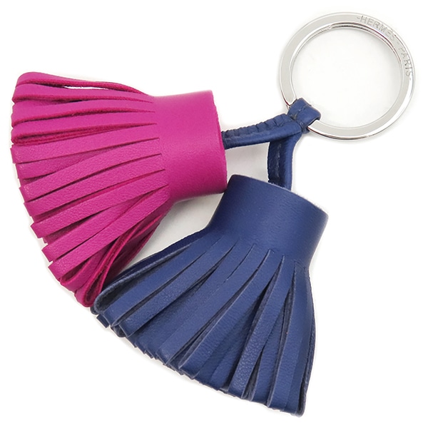 エルメス キーリング カルメン ウノドス アニョーミロ ローズパープル×ブルーエレクトリック シルバー金具 フリンジ キーホルダー 【箱】【中古】