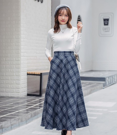 3407.ハイウェストチエック柄スカート（ブルー）2019 春夏 sale ボトムス 美ライン おしゃれ きれいめ カジュアル お出かけ お呼ばれ 女子会 通勤 通学 普段使い