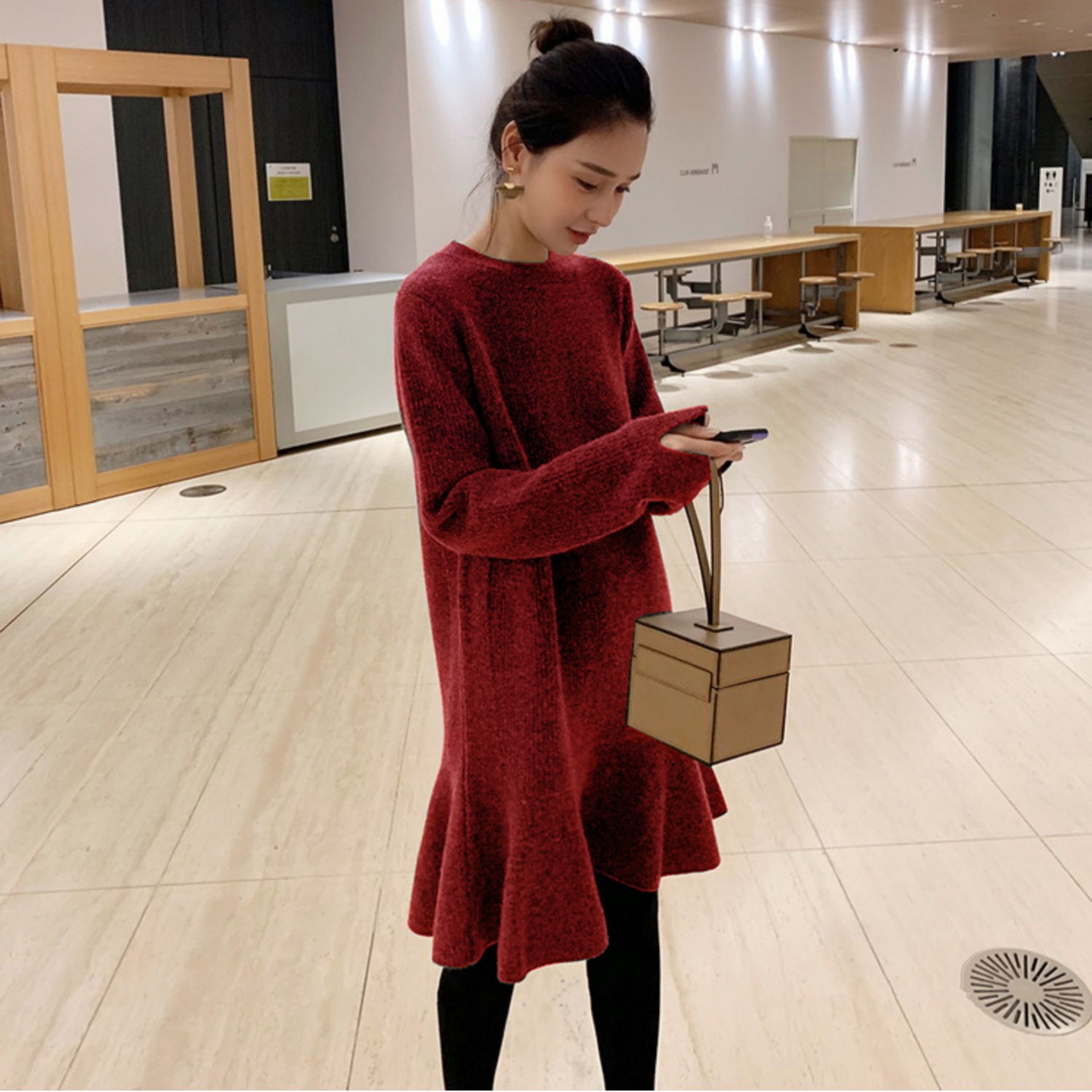 ワンピース ニットワンピ フリルスカート 長袖 韓国 レディース ニット ハイウエスト 膝丈 Aラインスカート かわいい 可愛い 大人可愛い 大人女子 きれいめ シンプル カジュアル 大人