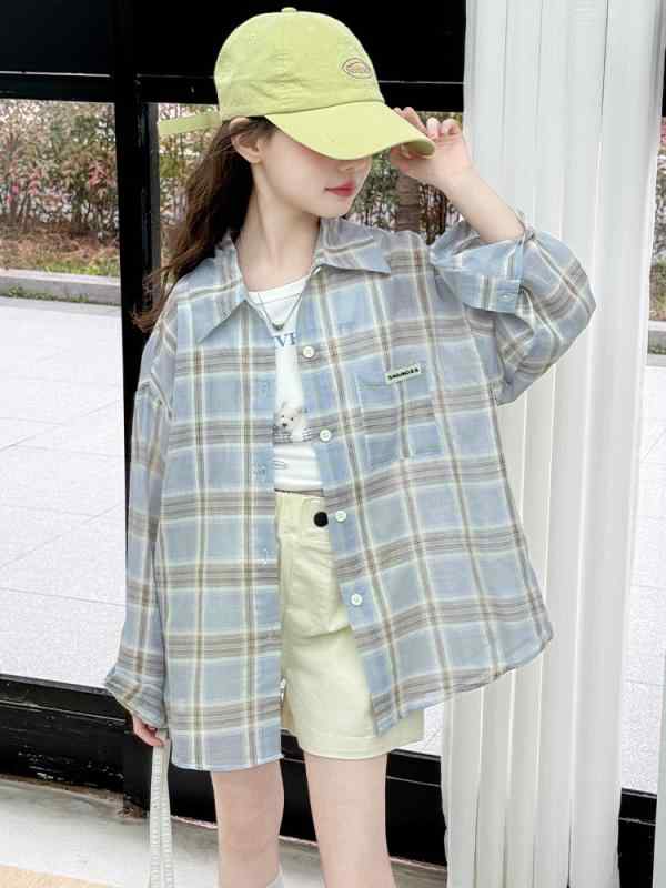 女の子 夏服 セット 防晒 シャツ 長袖 格子柄 襟付き 柔らか素材 酢酸繊維 薄手 背心 組み合わせ 純色 韓国風 カジュアル 子供 大きめサイズ 120-170cm 対応 紫外線対策 軽量 通気性