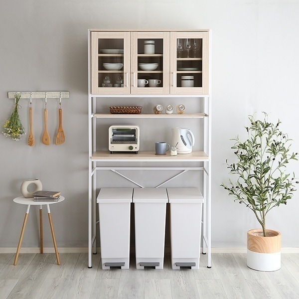 さわやかなオシャレゴミ箱上ラック ワイドタイプ 食器棚 キッチン収納 レンジ台 ホワイトウォーク