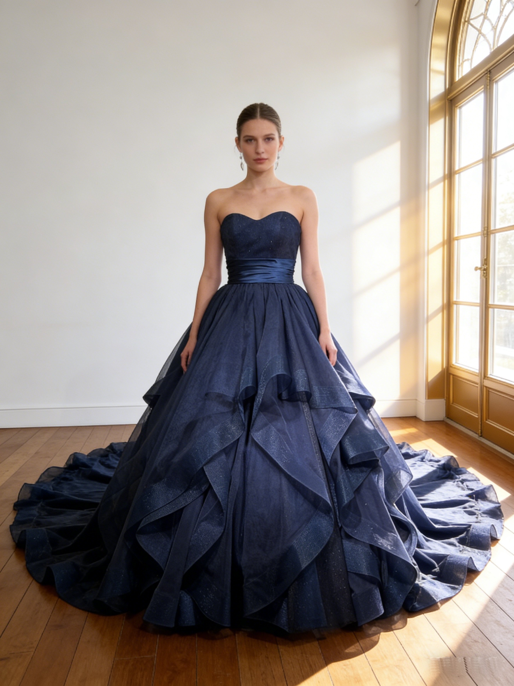 カラードレス ネイビー ソフトチュール アシンメトリー風 華やかなトレーン ビスチェドレス 結婚式