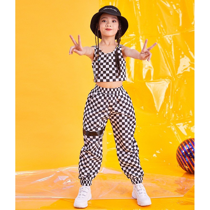 ダンス 衣装 キッズ ヒップホップ ダンス衣装 セットアップ 韓国風 ベスト＋パンツ キッズダンス チェック柄 上下 セット 派手 キッズダンス衣装 ズボン
