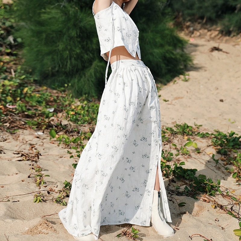 花柄スカート ロング マキシ丈 スリットスカート 春 ハイウエスト カモミールプリント肌理