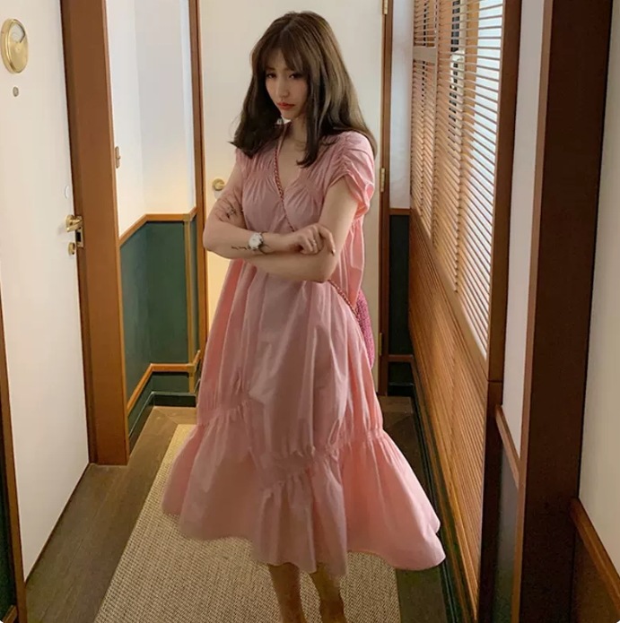 ワンピース ミディアム丈ワンピース 半袖 Vネック ウエストマーク シースルー セミフレア ティアード かわいい 大人可愛い きれいめ シンプル 上品 おしゃれ かっこいい レトロ ラフ こなれ感