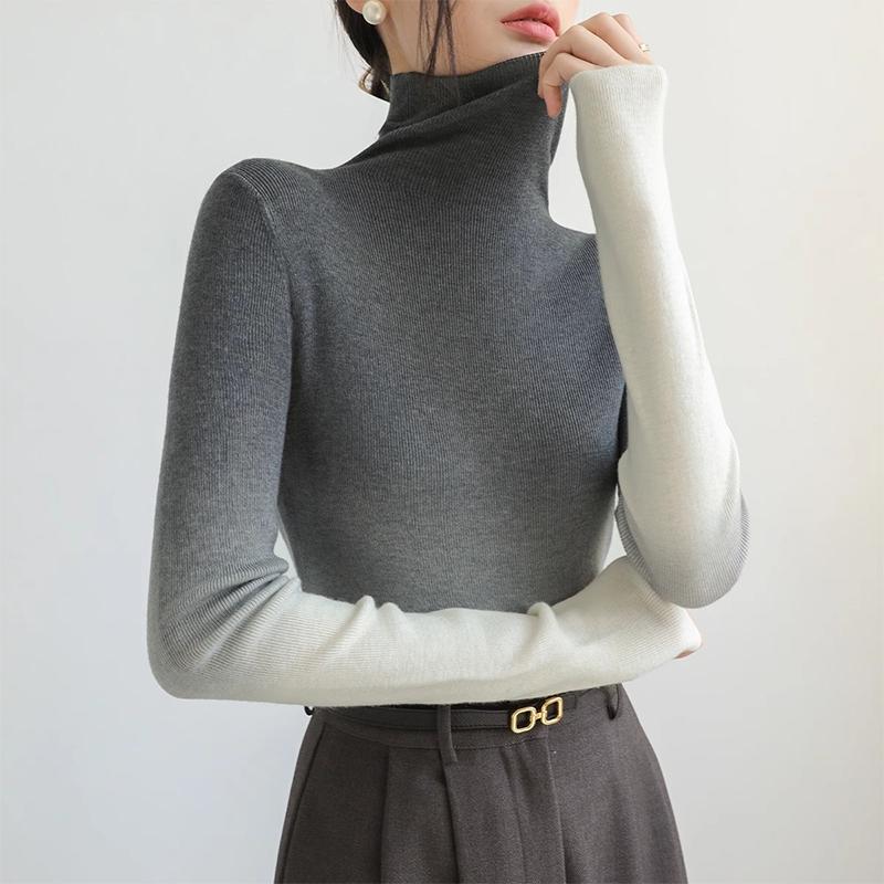 タートルネック ニット レディース 長袖 薄手 グラデーション セーター トップス ぴったり きれいめ カジュアル 伸縮性 柔らかい グレー ベージュ 茶 普段使い 大きいサイズ