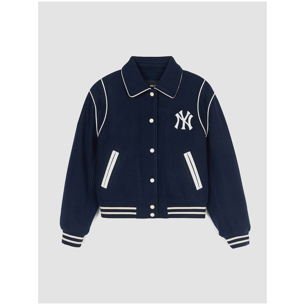 MLB 女性用ウールカラークロップバーシティジャケット NY (ネイビー) QHHC3FJPV1046-50NYS