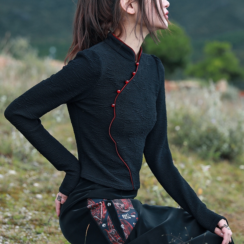 チャイナ風トップス 配色インナー 長袖 レディース スタンドカラー ブラウス 黒 中華風トップス モダン