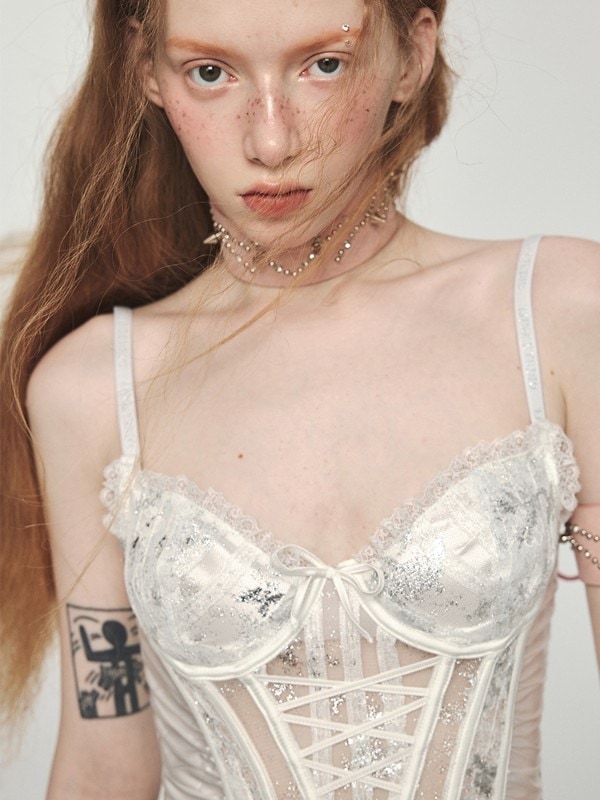 1JINN STUDIO セクシーベストアウターウェア タイトウエスト フィッシュボーンブラ クロスストラップ サテンサスペンダーブラ