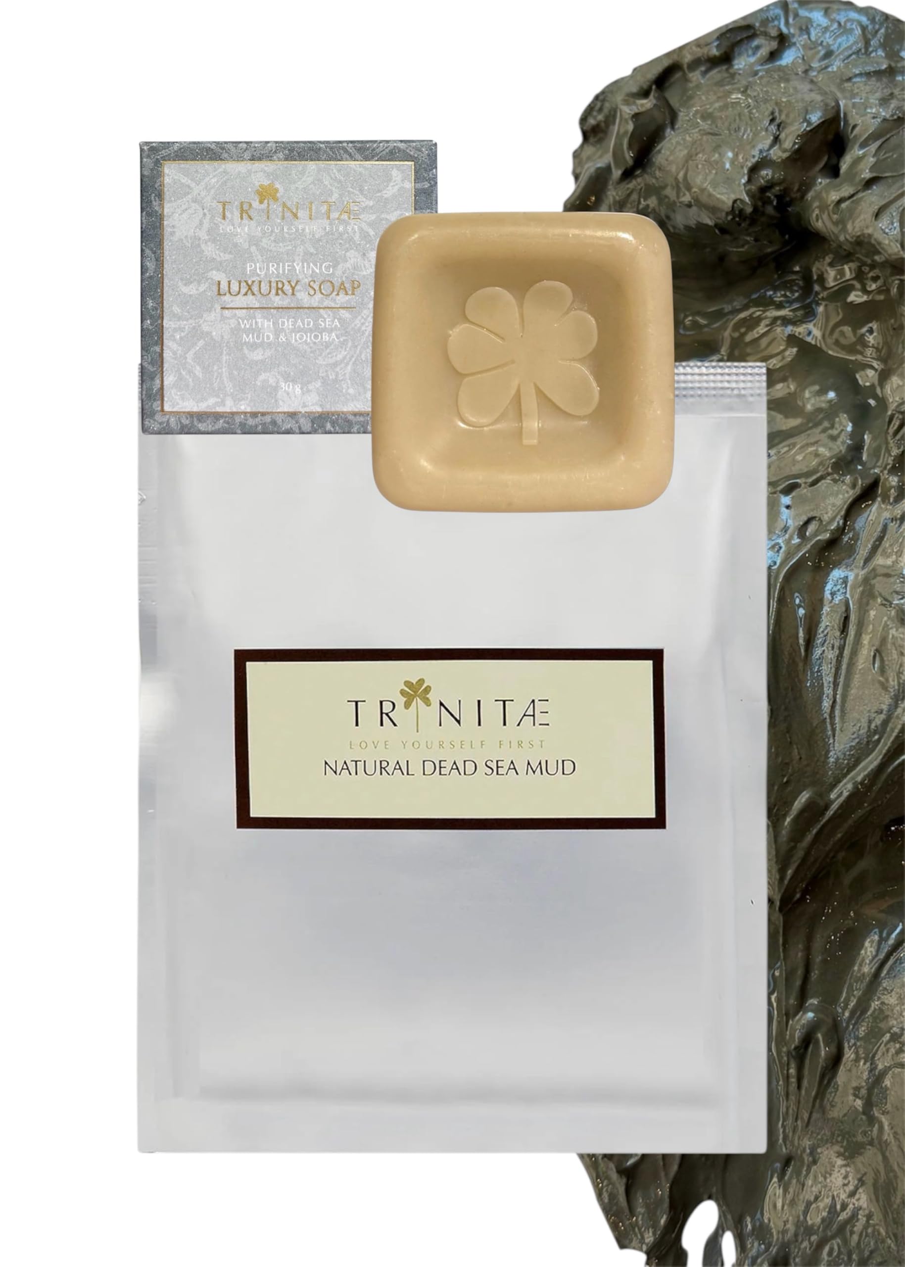 【トリネティ】 ヨルダン死海の泥パックセットボディ用／大阪関西万博販売品／洗顔ソープ 死海の泥 &ホホバ 30g／マッドパック250g／洗い流すタイプ／毛穴の黒ずみケア／角質オフ／透明感／石けん／