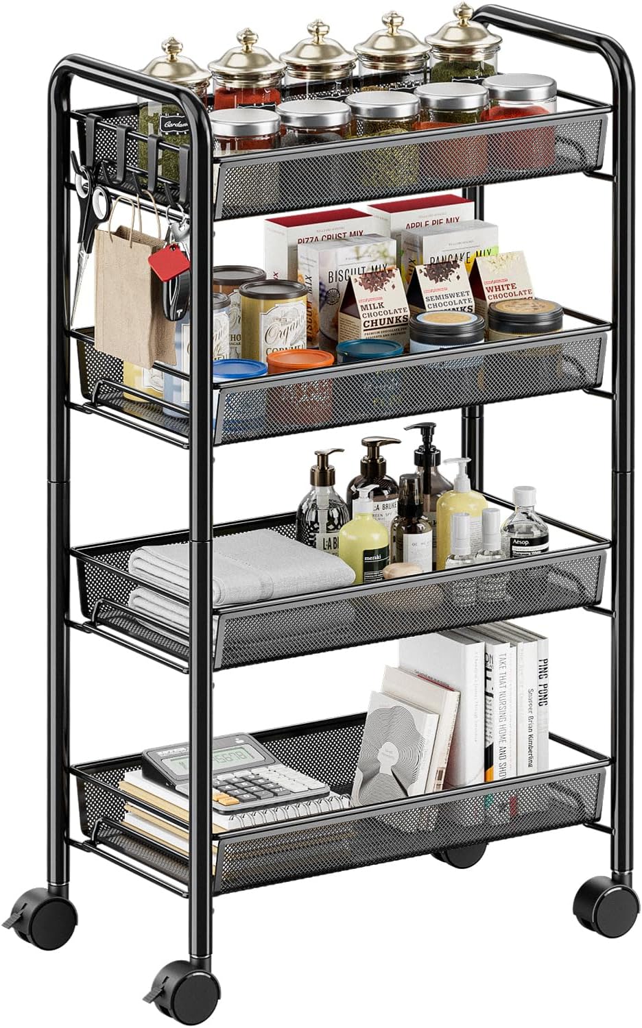 4段キッチンワゴン キャスター付き 幅26.5×奥行45.5×高さ84.5cm ブラック