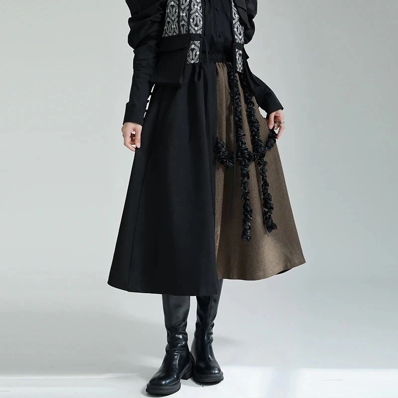 【J.Fashion】 春 Aラインスカート 大きい裾 ドッキング色 ゴムウエスト レディースロングスカート メガ割30%までに制限