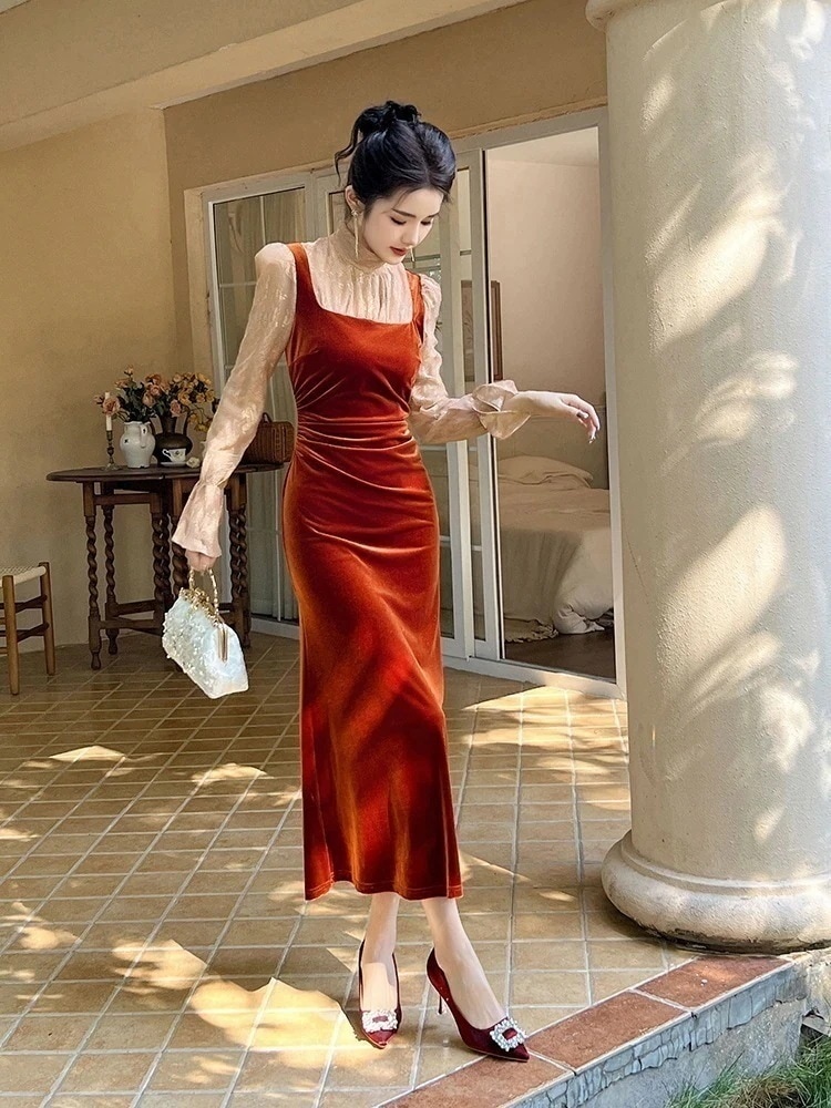 秋冬 ドッキングワンピース ベルベット パーティードレス キャバ 着痩せ 大人 お呼ばれ 同窓会 披露宴 卒業式 結婚式 ウェディング 二次会30%までに制限 6,309円