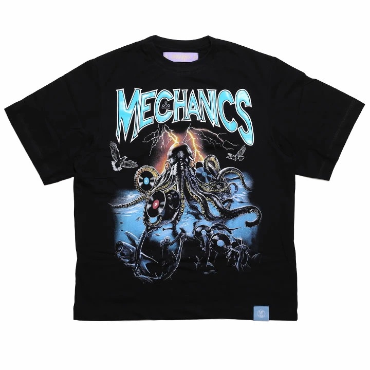 LIVE MECHANICS Tシャツ 半袖 メンズ レディース 春夏用 黒 大きいサイズ ライブメカニクス おしゃれ 派手 タコ タコ型ロボット 蛸 たこ 海底