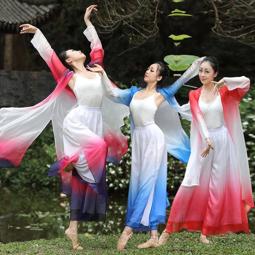 レディース古典舞踊ダンス衣装 グラデーションダンス衣装 長袖 ロング丈羽織 体カバー 飄逸ダンスウェア グラデーションサルエルパンツ ガウチョパンツ スリット エレガント バレエ 民族ダ