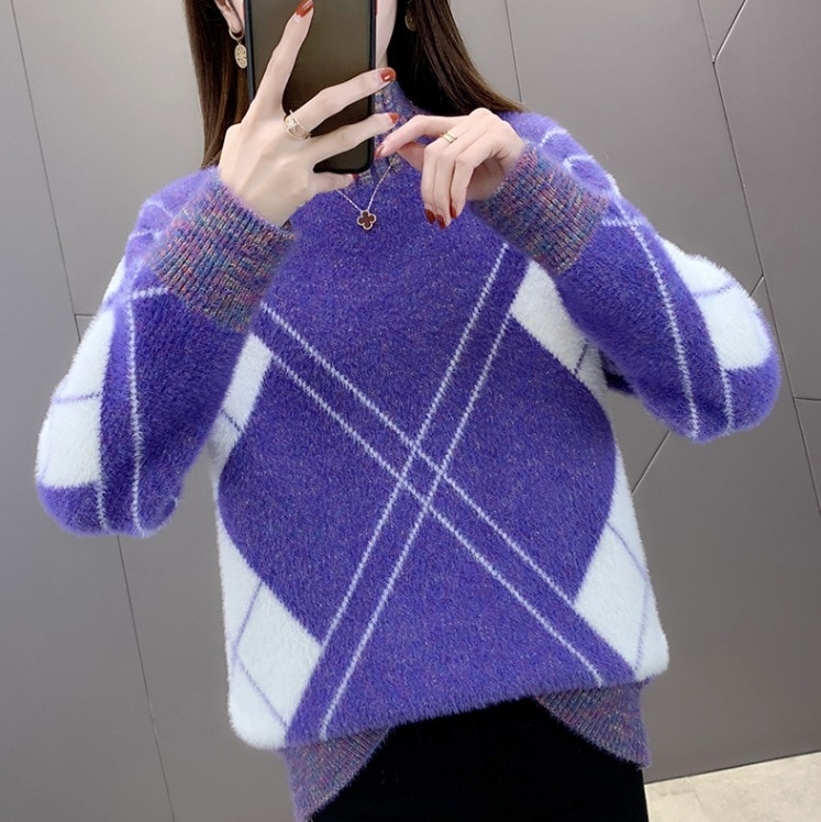 カラフルニットセーター ダイス柄トップス ハイネックニットセーター トップス ニットソー セーター プルオーバー 袖あり 長袖 Uネック ハイネック スリム タイト Iライン ふわふわ ニット