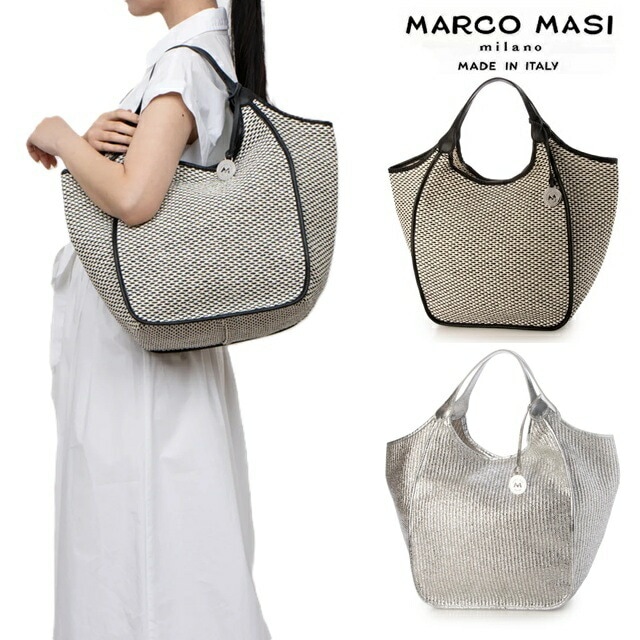 Marco Masi マルコマージ トートバッグ 春夏 カゴバッグ かご ラフィア パイピングバッグ バッグ レディース イタリア製 牛革 本革 3191 大容量　かご 自然素材