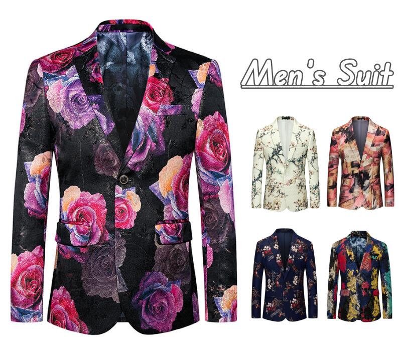 メンズステージ衣装 スーツジャケット 男性 舞台演出服 花柄スーツ 総柄コート ハロウィン クリスマス 男性 紳士服 カラオケ 司会者 歌手スーツ 結婚式 パーティー 礼服 メンズ演出ジャケット 大き