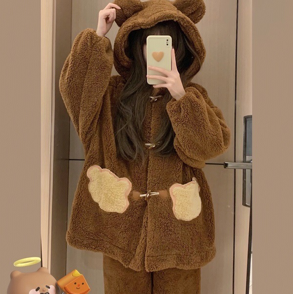 パジャマ レディース ルームウェア 部屋着 上下セット 2点セット 長袖 フード付き 耳付き パンツ ボトムス 前開き ふわふわ モコモコ 暖かい ゆる ゆったり 体形カバー 防寒 かわいい 可愛い