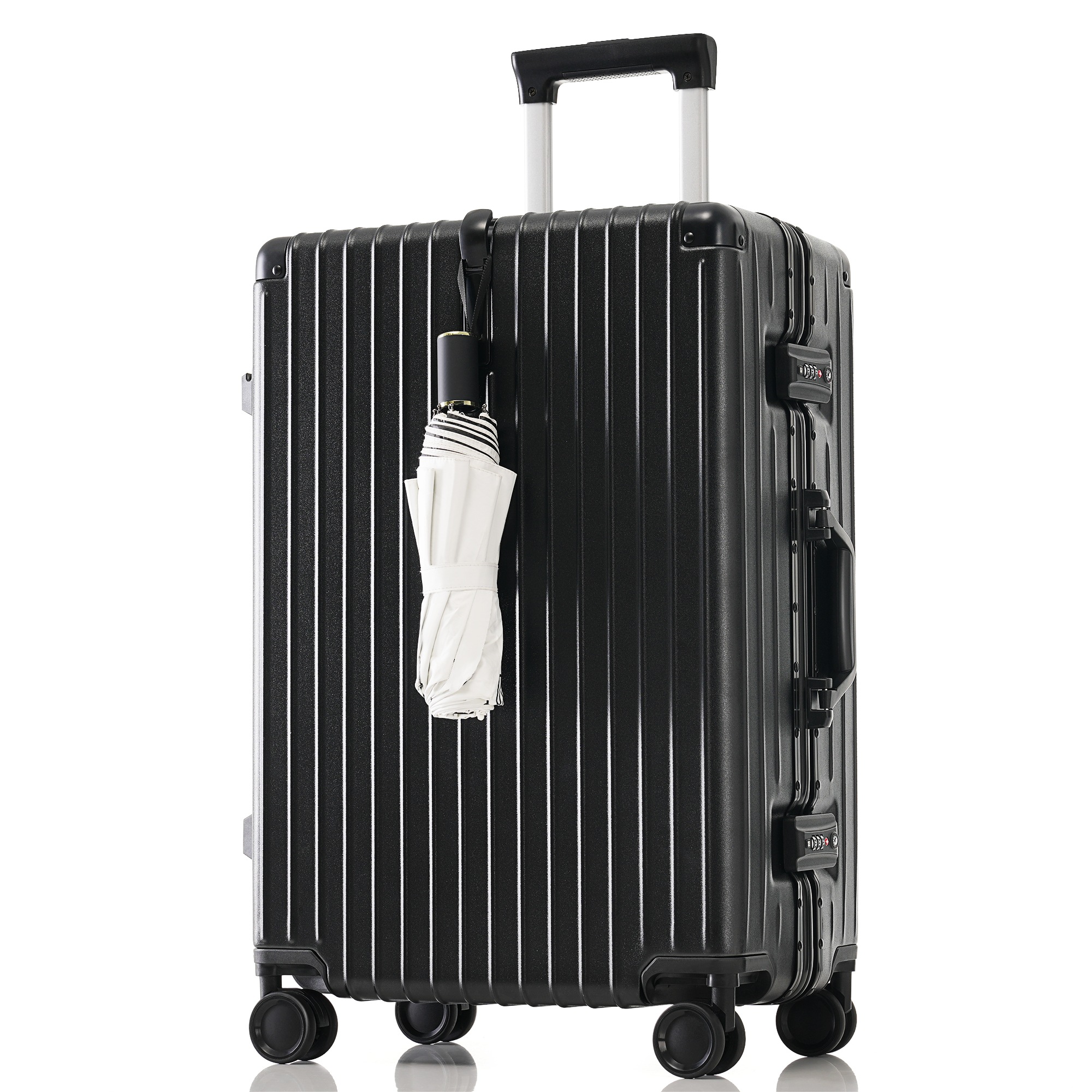 【国内出荷 - 3日配達】スーツケース Mサイズ キャリーケース キャリーバッグ アルミ フレームタイプ USBポート付き スマホスタンド付き 防水ポケット ドリンクホルダー フック式底足 TSAロッ