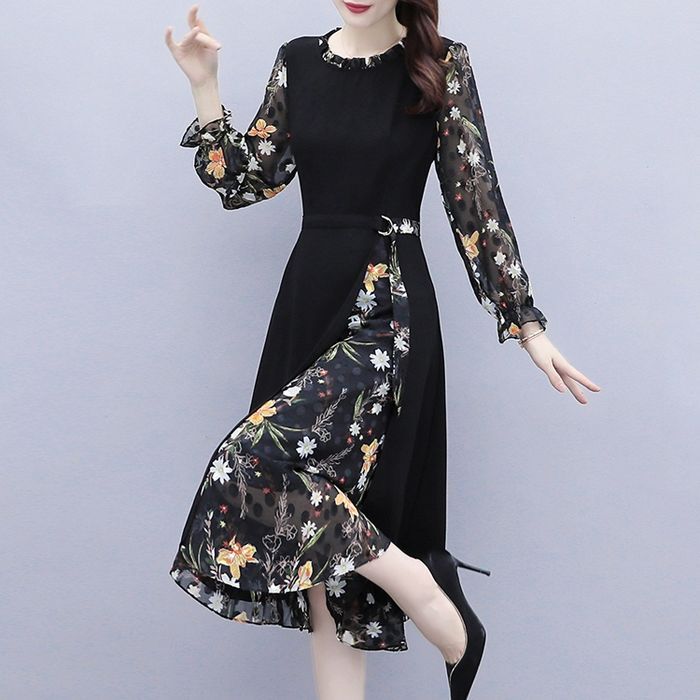 ワンピース ワンピドレス 膝丈 膝下 袖あり 長袖 フリルネック フレア ウエストマーク レイヤード かわいい 大人可愛い きれいめ シンプル 大人 上品 おしゃれ レトロ 大人女子 ラブリー