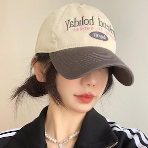 春キャップ/紫外線対策 レトロなカラーブロッキング野球帽女性韓国アヒル舌キャップつば広帽子