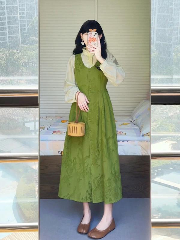 オーバーオール スカート ジャンパースカート レディース レトロ 緑 花柄 ノースリーブ ツーピース 春秋 ロング Aライン シングルブレスト ボタン ハイウエスト 黄ブラウス