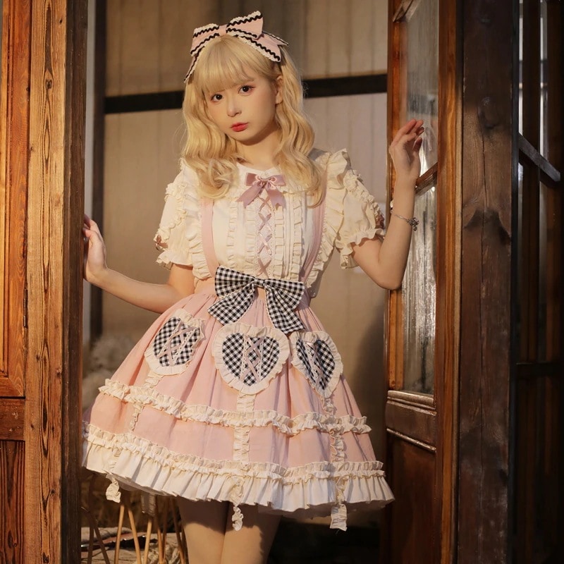 【3日で出荷】日系メイド服 二点セット かわいい 学生ワンピース 半袖 ワンピース lolita cos コスチューム 日本のロリ メイド コスプレ 半袖+キャミソールワンピース7642