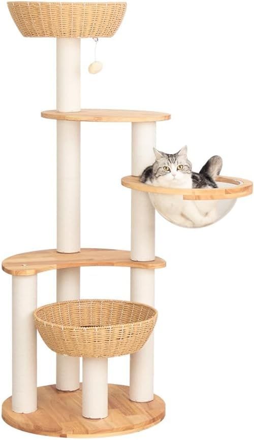 キャットタワー 木製 据え置き 大型猫 おしゃれ ラバーウッド 手編みカゴ インテリア性 無垢材 多頭飼い スリム 夏冬兼用 天然木 見晴台付き 猫タワー 宇宙船クリアボウル 中型猫 爪研ぎ ハンモッ