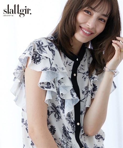 シャツ・ブラウス 高身長　花柄フリルブラウス トールサイズ