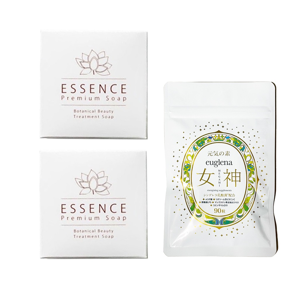 お得セットユーグレナ女神90粒＋エッセンス プレミアム ソープ　100ｇ×2個　【正規品保証】 デリケート専用ソープ