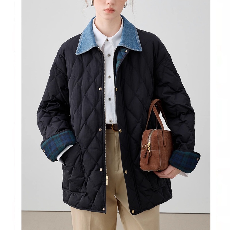 レディースダウンジャケットレディース 2024 新作デニムスプライシングダイヤモンドジャケットイントレンド