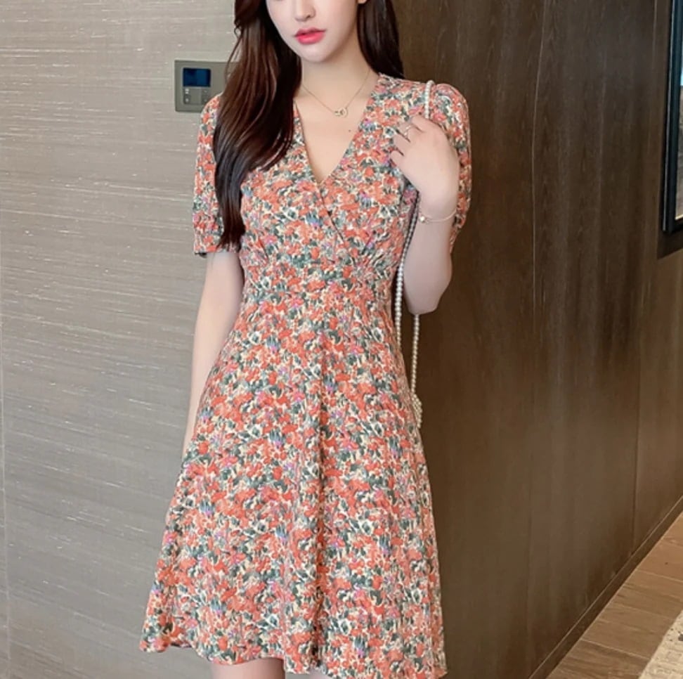 ワンピース デート かわいい 大人可愛い きれいめ シンプル カジュアル 大人 上品 おしゃれ Vネック パフスリーブ 花柄 ウエストマーク ミニ丈 リボン ピンク ブルー ２XL XL 韓国 春夏