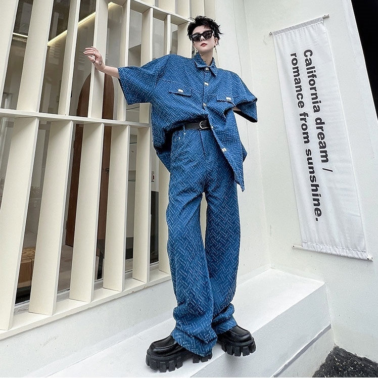 メンズ セットアップ カジュアルシャツ デニム デニムパンツ ミディアム丈 半袖 ストレート ワイド ポケット 薄手 上下セット クール 大人 カジュアル 上品 おしゃれ スタイリッシュ 王道 高級感