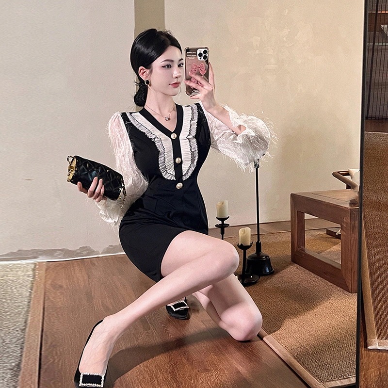 デザイン長袖フリンジ感　上品タイトスカート