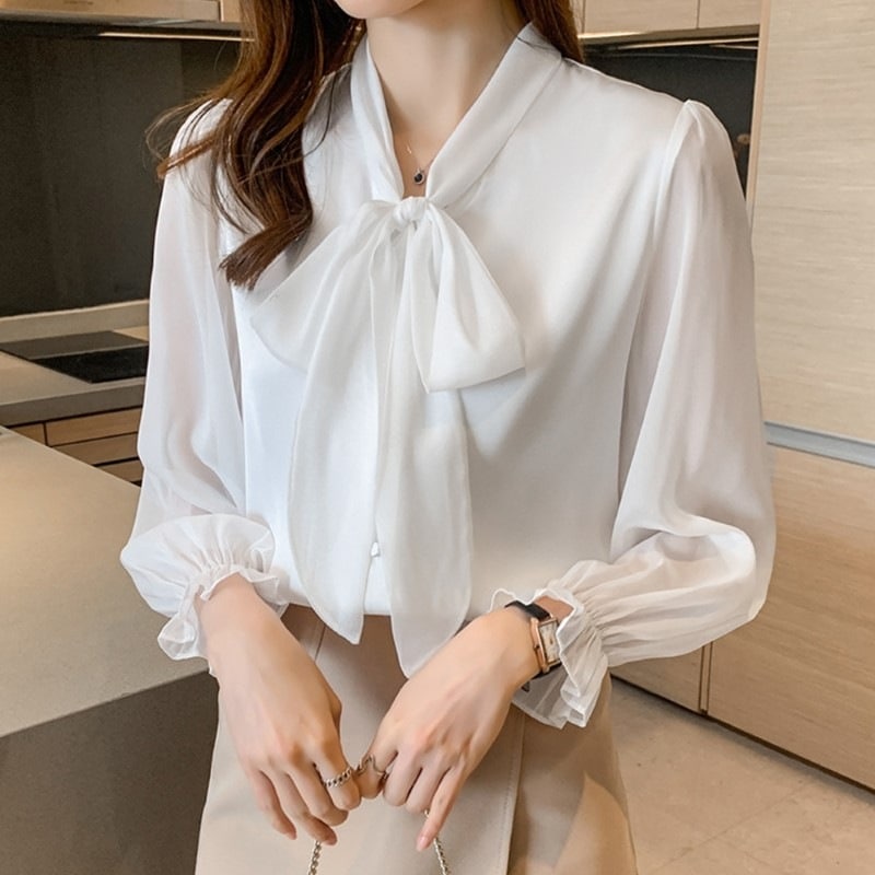 リボンタイブラウス M L XL 長袖 レディース 薄手 Vネック オフィス パフスリーブ トップス 春夏秋 112892