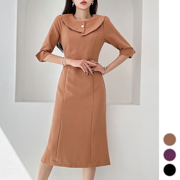ワンピース レディース 七分袖 長袖 タイト 膝下 ミモレ丈 ロング丈 上品 きれいめ 春 秋 韓国 to27915