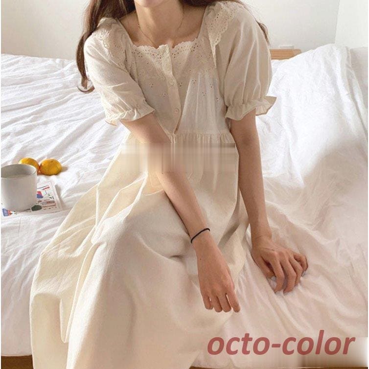 月大セールネグリジェ レディース 半袖ワンピース 白レース 大人可愛いパジャマ お姫 ロング丈ネグリジェ ナイトロープ 部屋着 オシャレウェア ゆったり韓国風