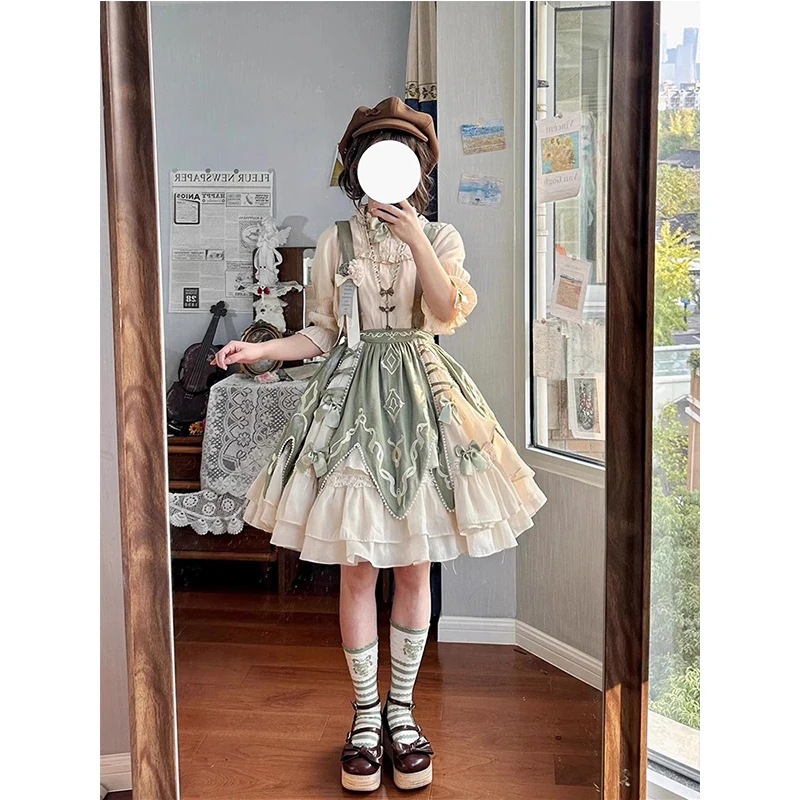 グリーンの素朴な刺繍ワンピースベストシャツセットポンチョ