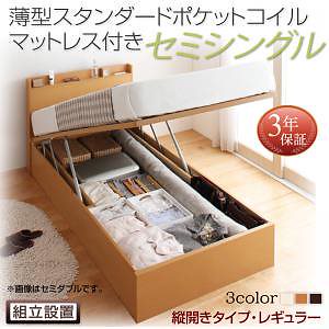 [組立設置料込み]国産 跳ね上げ収納ベッド [Freeda]フリーダ [薄型スタンダードポケットコイルマットレス付き] 縦開き セミシングル 深さレギュラー [フレーム色]ナチュラル