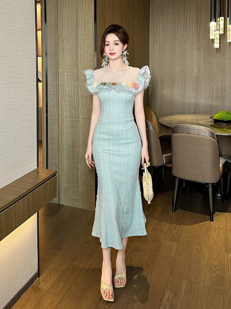 2025夏新品 フリル マーメイド パール飾り ロングワンピース ドレス パーティー キャバ 大人 同窓会 披露宴 卒業式 結婚式 演奏会 ウェディング 二次会 メガ割30%までに制限