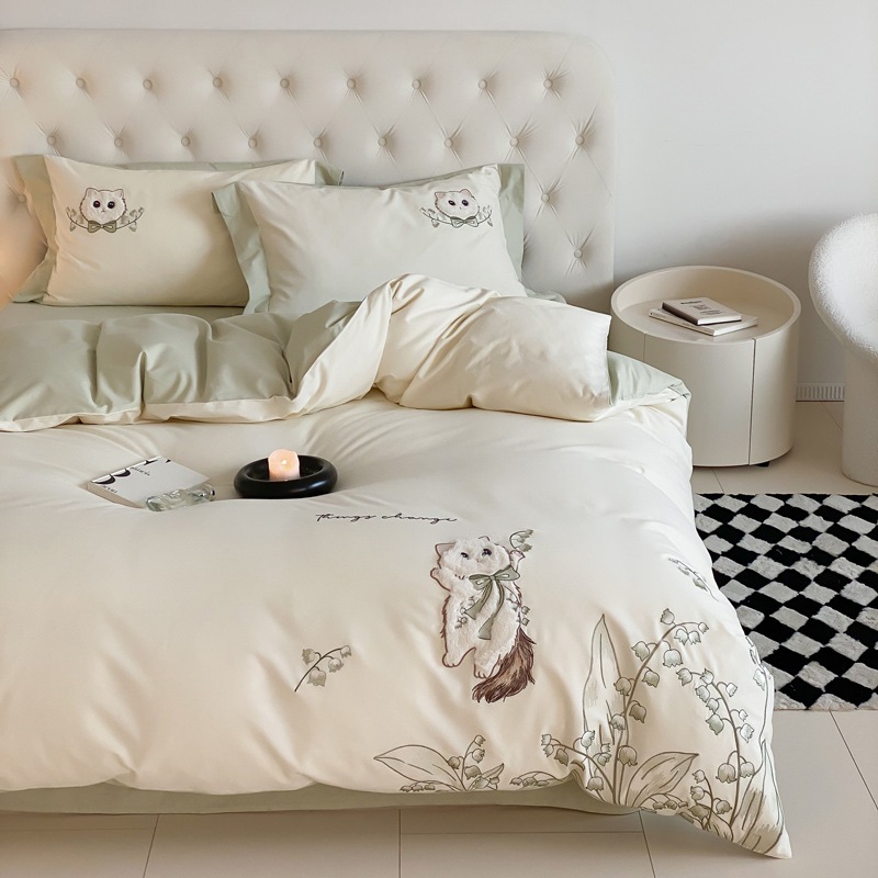 高級漫画猫刺繍100カウント綿起毛4点秋冬寝具セット肌に優しい純綿キルトカバーシーツ4枚 10,007円