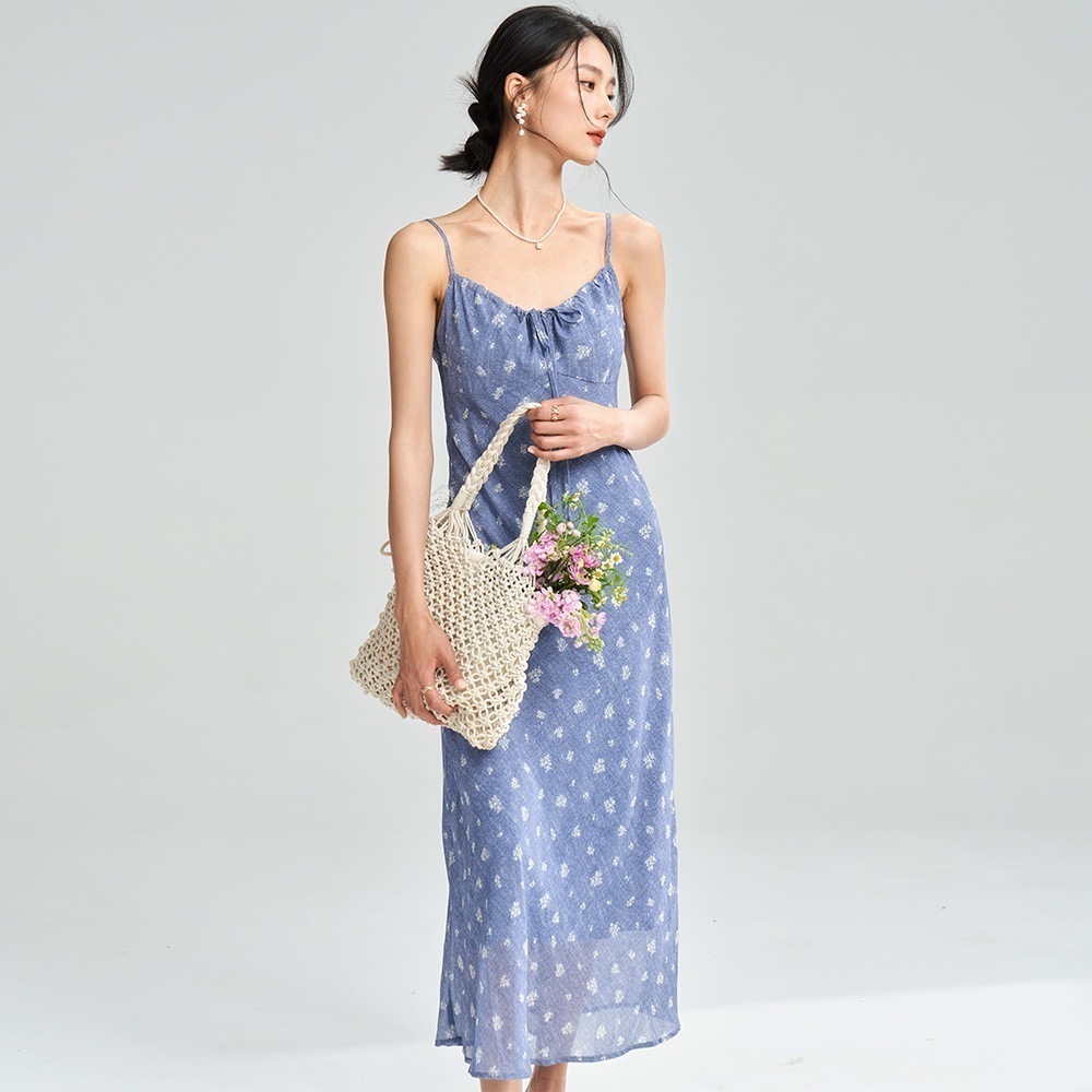 【送.料.無.料.急速発送】サスペンダー小花スレンダープリントロングスカートワンピース