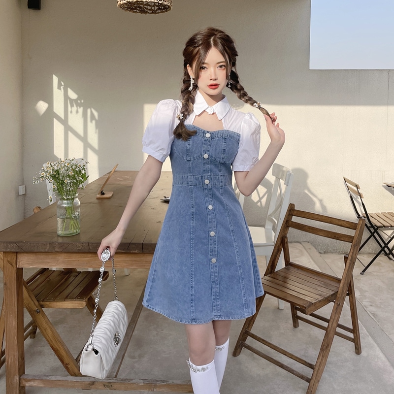 ドッキングワンピース ワンピース フレアワンピース ワンピドレス ミニ ミニ丈 袖あり 半袖 パフスリーブ 襟付き フレア Aライン ドッキング ドッキング デニム かわいい 大人可愛い きれいめ