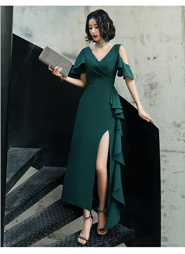 ワンピースドレスドレスワン カクテルドレス グリーン 袖付き フリル 黒 二次会 ドレス ｖネック ロングドレス 母親 緑 ピアノ発表会 サイドスリットドレス 大人 発表会 肩出し ピアノ 背中開
