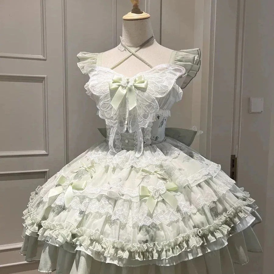 【3日出荷】フラワーデートワンピース ホワイト × グリーンバタフライ柄 サマーフェアリースタイル ガーリー誕生日ミニドレス コスプレ